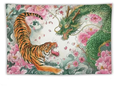 JYOUQOC Dragon And Tiger Fight Pink Flowers Cloud Tapestry Large Wall Art Backdrop Flag Wall Hanging Decor for Living Room Bedroom Dorm Office 40×60
