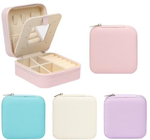 4 Piezas Joyero Pequeño para Mujeres Portátil Jewelry Organizer con Espejo | Pequeño Joyero de Viaje con Espejo Organizador de Joyas de Piel Estuche de Viaje para Joyas para Anillos Pendientes Collares