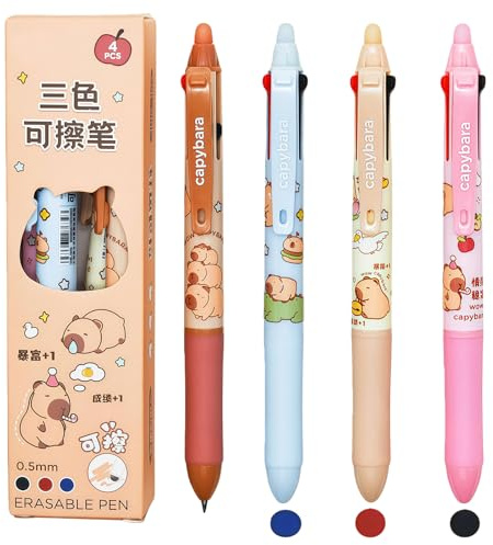 Orablooiva 4 Piezas Bolígrafo Capibara Lindo, Bolígrafo Retráctil Borrable, Bolígrafo De Tinta Gel Borrable Con Punta Fina De 0,5 Mm, Juego De 3 Colores (Rojo, Azul Y Neg