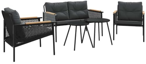 zylophax 5-TLG Balkonmöbel-Set Schwarz aus Stahl mit Kissen wetterfest, pulverbeschichtet, Sitzgruppe Outdoor für Balkon und Terrasse, inklusive Couchtisch und Garten Lounge Möbel