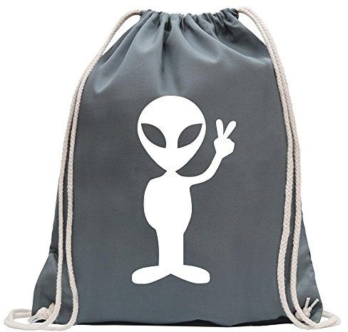 Kiwistar - Turnbeutel - stahlgrau - Alien Peace - Fun Rucksack Sport Beutel Gymsack Baumwolle mit Ziehgurt