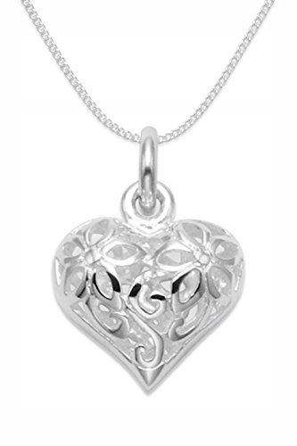 Children's Sterling Silver Heart Necklace on silver chain - double sided filigree heart pendant - Size: Small 10mm Children's flower necklace. Gift boxed