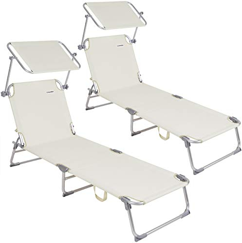 Casaria® 2er Set Sonnenliege Klappbar Wetterfest Gartenliege Mit Dach 150kg Belastbar Seitentasche 190x60cm Aluminium Liegestuhl Leicht Garten Creme