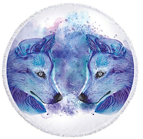 Sticker Superb Rund strandhandduk pojke flicka, 152 cm, regnbågsstjärna galax enhörning djur filt, picknickfiltar för strandresor sommarsjal (blå par varg)