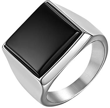 JewelryWe Schmuck Herren-Ring, Edelstahl Quadrat Siegelringe Bandringe Punk Hochzeit Engagement Ringe mit Gravur, Silber Schwarz, Größe 54 bis 67