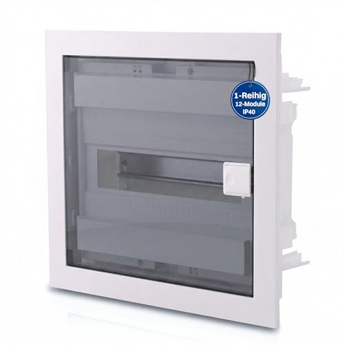 Intratec Sicherungskasten Unterputz 1 reihig – Unterputz Verteilerkasten IP40 für 12 Module mit transparenter Tür und Hutschiene für einfache Elektroinstallation Zuhause & Gewerbe – 317 x 347 x 92mm