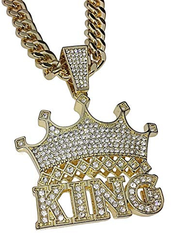 BLINGFACTORY Hip Hop Gold Plated Iced Large Crowned KING Pendant & 10mm 30 Cuban Chain Bling Necklace