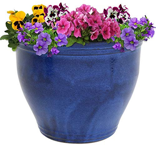 Sunnydaze Maceta grande de cerámica de 18.5 pulgadas, maceta redonda de cerámica esmaltada para exteriores con drenaje, azul imperial, estudio