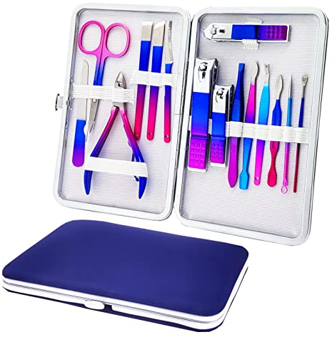 Juego de manicura, cortaúñas profesional, herramientas de cuidado de pedicura, kit de aseo profesional para mujeres, 15 piezas para viajes o hogar, versión mejorada 2020 (colorido)