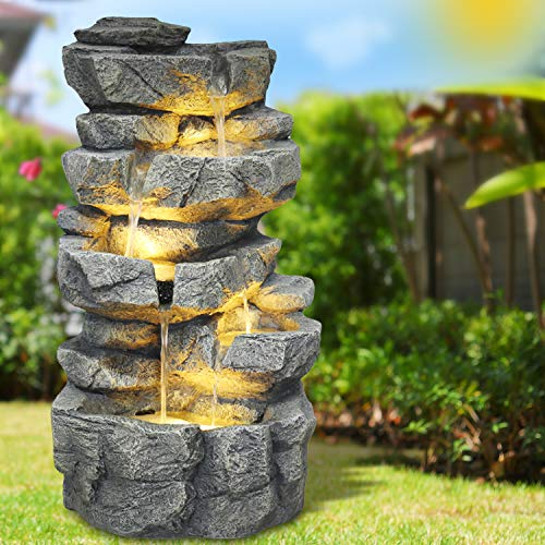 Gartenbrunnen Brunnen Zierbrunnen Zimmerbrunnen Springbrunnen Brunnen mit LED-Licht 230V Wasserfall Wasserspiel für Garten, Gartenteich, Terrasse, Balkon Sehr Dekorativ