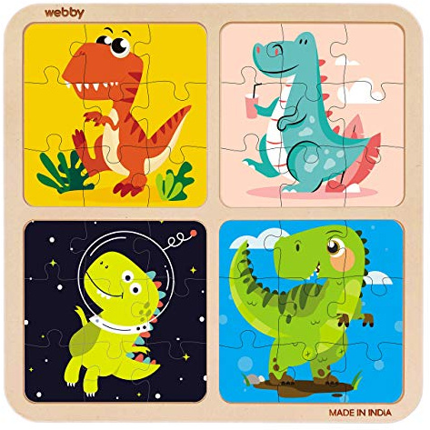 Webby 4-in-1 Dinosaurier-Holzpuzzlespielzeug für Kleinkinder | Pädagogisches Puzzle für Kinder ab 2 Jahren | Verbessert Gedächtnis, kreatives Denken und Farberkennung