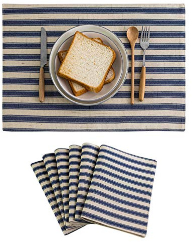 Home Brilliant Placemats Set of 6 Heat Resistant Dining Table Place Mats for Kitchen Table Farmhouse Rustic, 13 x 19 inches, Stripes, Navy Blue and Beige