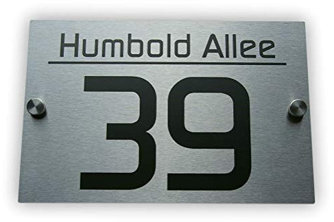 Leskow Metalldesign Hausnummernschild Edelstahl mit Straßenname V2A Edelstahl Hausnummer Laser Gravur