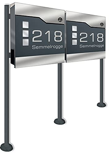 Doppel Standbriefkasten mit FUNKKLINGEL ANTHRAZIT - aus pulverbeschichtetem Stahl - mit Zeitungsrolle und Doppel Standfuß