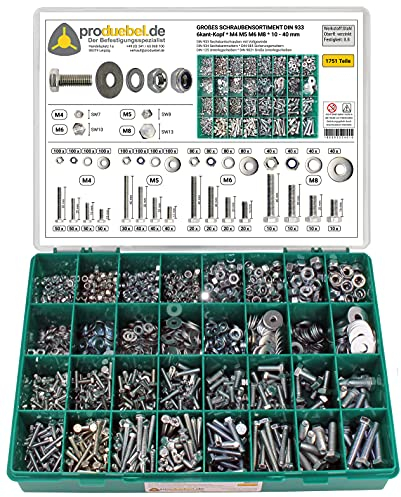 Großes Schrauben-Sortiment 1751-teilig – DIN 933 Sechskantschrauben M4–M8 inkl. Muttern, Unterlegscheiben & Stoppmuttern – verzinkter Stahl – Standardbox