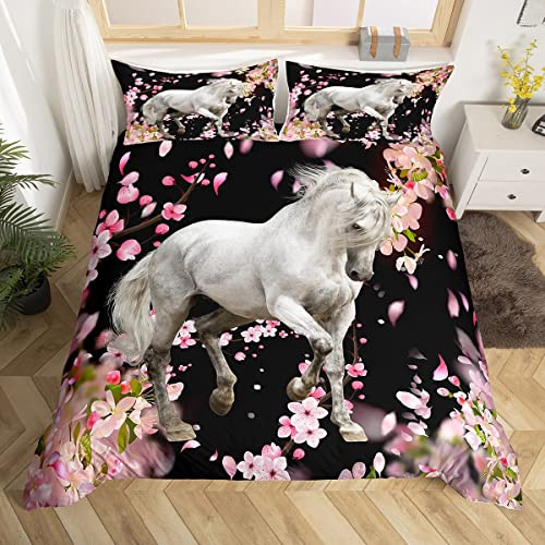 Juego de funda de edredón de caballo blanco Palomino decoración juego de ropa de cama individual para niños y niñas, juego de cama con patrón de animales salvajes, estilo vida silvestre, colección de