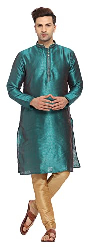 ITOS365 Men's Tunic Art Silk Kurta Pajama Pyjama Set Indian Clothing Casual Party Dress Gifts Items Dark Green Medium