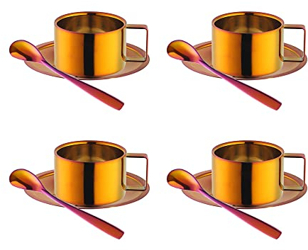 Meisha Lot de 4 tasses à café en acier inoxydable 200 ml/6,8 oz en acier inoxydable à double paroi tasses à expresso pour latte, cappuccino, lait, thé avec soucoupe et cuillère-arc-en-ciel rouge