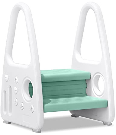XMTECH Kinder Tritthocker Kinderschemel mit 2 Stufen Pyramiden-Struktur,Kinder Trittschemel aus Kunststoff,Kinder Trittleiter für 2-5 Jahre, Bad, Küche, Kinderzimmer (Grün)