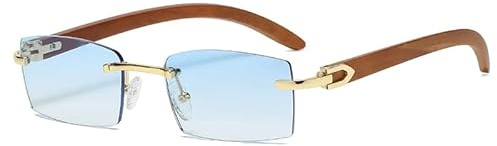 kachawoo Rahmenlose Sonnenbrille Randlose Damenmode Sonnenbrille mit Holzimitat Beinen Blau Grün Uv400 Linse Rechteck Sonnenschutz Herren