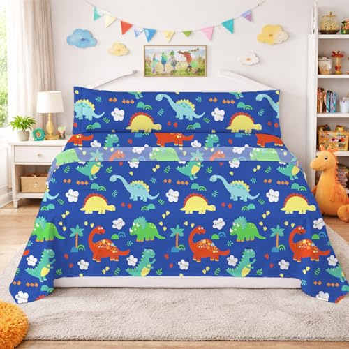 DALINA Juego de Sábanas Infantil 3 Piezas para Cama 105 - Sábanas Bajera Ajustable para Cama 105x190cm, Encimera 175x260cm y 1 Funda de Almohada Larga 45X125 cm, Dinosaurios Azul