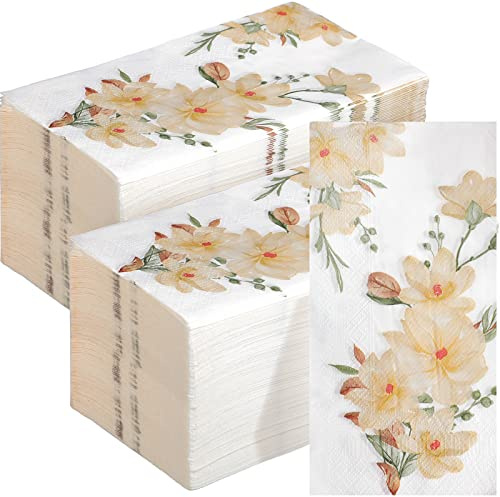 Hotop 200 Pcs Floral Disposable Hand Towels for Bathroom Bulk 2 Ply Boho Spring Paper Napkins for Bathroom Guests Magnolia Decorative Paper Dinner Napkins Gerden Wedding Party Table Decor 7.9 x 4.3