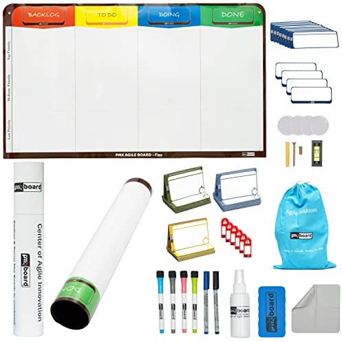 PMXBOARD 4-Column Magnetic Kanban Board Kit – Board + 64 Magnetic Cards | Flex Dry Erase Scrum & Project Planning Whiteboard
