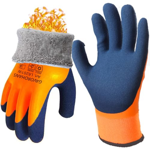 GAVOROHANS 1 paire de gants de travail d'hiver thermiques imperméables avec doublure en polaire - Adhérence supérieure - Double revêtement en latex pour jardin, logistique, entreposage, activités de