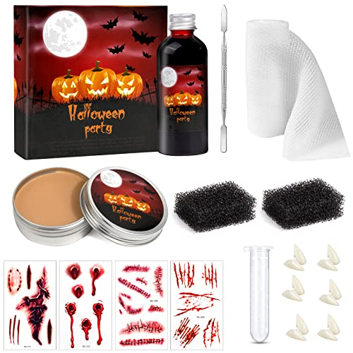 Halloween Kunstblut & Modellierwachs Makeup Set, Artificial Pseudo Plasma Paste Wunde Modellierung Narbe Wachs mit Spatel Werkzeug, with Schwamm, False bandage, Aufkleber, Vampir falsche Zähne