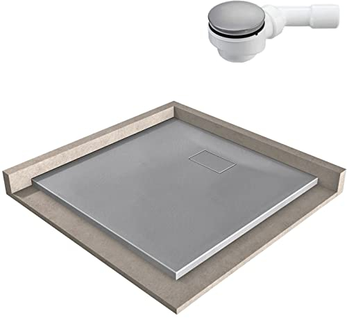 BERNSTEIN Duschtasse 90x90 cm Beton-Optik matt Flache Bauhöhe, Duschwanne der GT-SERIE aus SMC, Rechteckiges Duschbecken mit Gefälle, SMC -Duschwanne Komplett mit Ablaufgarnitur Typ B