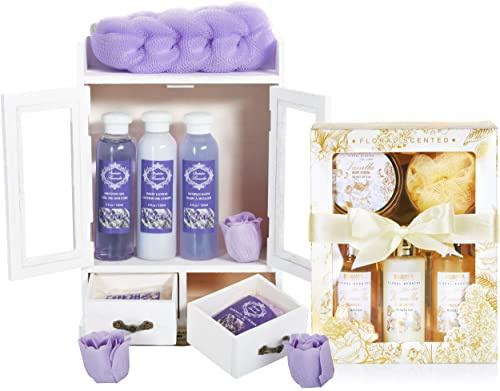 BRUBAKER Cosmetics 2 in 1 Pflegeset Lavendel & Vanilla Rose Minze - Großes 15-teiliges Wellness Set - Damen Dusch- und Badeset - Frauen Beauty Geschenkset mit Deko Holzschrank