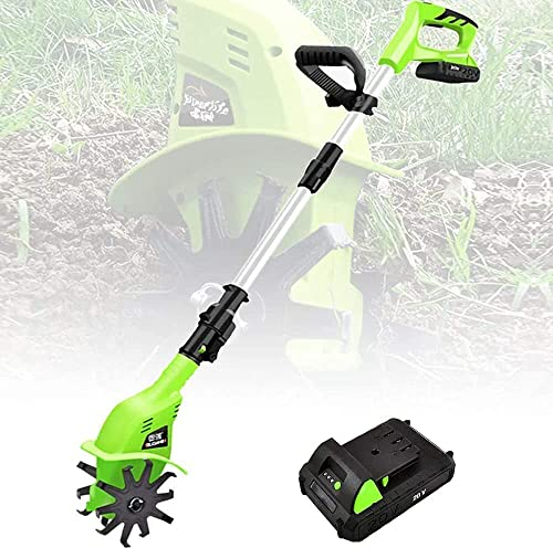 Motoazadas eléctricas a batería, motoazada eléctrica regulable, ancho de trabajo 10 cm, profundidad 25 cm, con batería de litio de 5,2 Ah y cargador rápido, ideal para aflojar la tierra (Verde) (