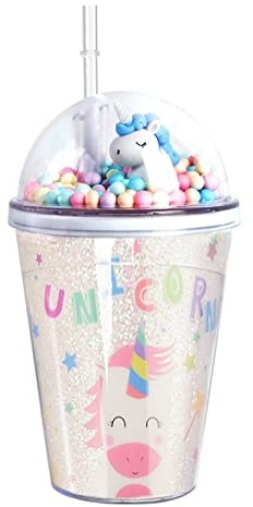 Forreen Gobelet avec Paille et Couvercle, 380ML Bouteille d'Eau pour Enfants Filles Réutilisable Licorne Mignonne Double Paroi sans BPA Tasse en Plastique pour Anniversaire, Cadeau de Noël (Bianco)