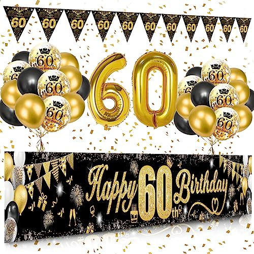 VICTERR 60th Birthday Decorations for Men and Women, Black Gold Decoration Kit Happy Banners Number 60 Balloons Confetti Fireworks Triangle Flag Banner (XM-B-60HEIJINHF)