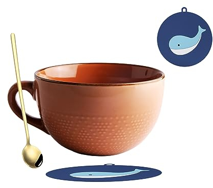 hengshukeji 700 ML Large Ceramic Coffee Mug with Coaster and Spoon，Grain Soup Cup/Coffee Mug/Salad Bowl for Coffee, Tea, Ice Cream, Cereal (Reddish Orange)