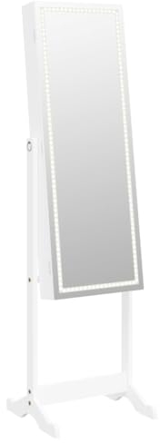 vidaXL Schmuckschrank mit Spiegel Freistehend, Spiegelschrank mit LED Beleuchtung, Schmuck Organizer für Schlafzimmer Wohnzimmer, Ganzkörperspiegel Kosmetikspiegel, Weiß