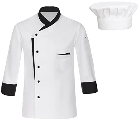 dPois Veste de Chef Cuisinier Manches Longues Homme Femme Manteau avec Toque Uniforme Restaurant Blouse de Cuisine Professionnel - Taille Petit Attention A Blanc M