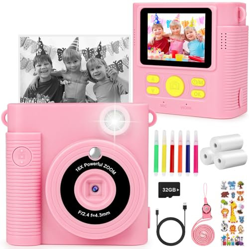 Dhapy Kids Camera Instant Print, 1080P HD Instant Camera, 16x Digital Zoom Kids Photo Toy with Print Paper & DIY Color Pens & 32G SD Card, Birthday Toys for Boys Girls Age 3-10 - Pink
