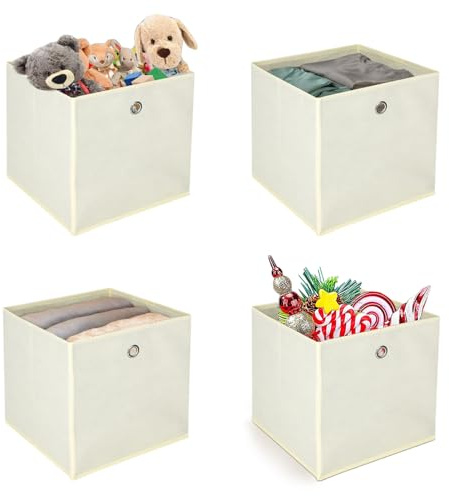 KingSaid 4 Stück Faltbox Faltbare Aufbewahrungsbox 32x32x32cm Stoffbox Faltkiste Schubladen Boxen mit Fingerloch Würfel Spielzeug-Organizer für Kallax Regale Raumteiler Beige