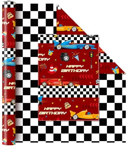 WERNNSAI - Papel de regalo para coche, 1 rollo de papel de regalo para niños y niños, reversible, color negro, blanco a cuadros, para cumpleaños, fiesta de coche, carrera, 43 cm x 10 m