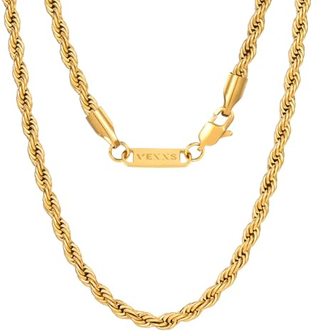VEXXS Rope Chain, 18K Real Gold Plated Rope Necklace Mens Gold Chain, Durable No Color Fading 3mm 4mm 5mm Miami Cuban Link Chain Men’s Necklace 46-66cm