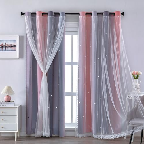 XiDi Thermische Verdunkelungsvorhänge mit Öse für Wohnzimmer Rainbow Wall Decor Vorhänge Grau Doppelschicht mit Netz 86 × 183 cm