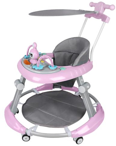 Girello musicale 4 in 1 per bambini, con vassoio di attività e posizione regolabile, pieghevole, con tappetino da pavimento, maniglia di spinta e parasole, 6 mesi e più (rosa, 67 x 67 x 79 cm)