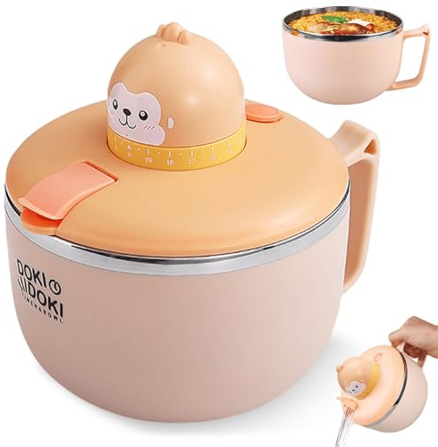 GOMETY Ramen - Cuenco con tapa, 1200 ml, gran capacidad, para fideos instantáneos, con temporizador, de acero inoxidable 304, para pasta, fideos, bento, sopa, almuerzo (mono)