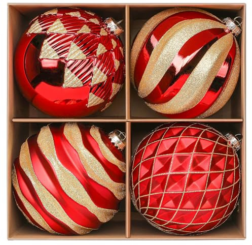 Alupssuc 15CM Extra Large Christmas Baubles, 4Pcs Christmas Tree Decorations, Shatterproof Xmas Hanging Balls Set with Hooks for X-mas Party Wedding Holiday, Red & Gold