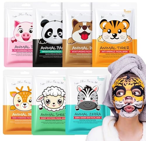 Face Masks Skincare- 7 Sheet Animals Face Mask Moisturizing And Smoothing Face Mask Gift Set Improve Dullness & Brighten- Face Masks Gifts For Kids Teenage Girls (7pcs)