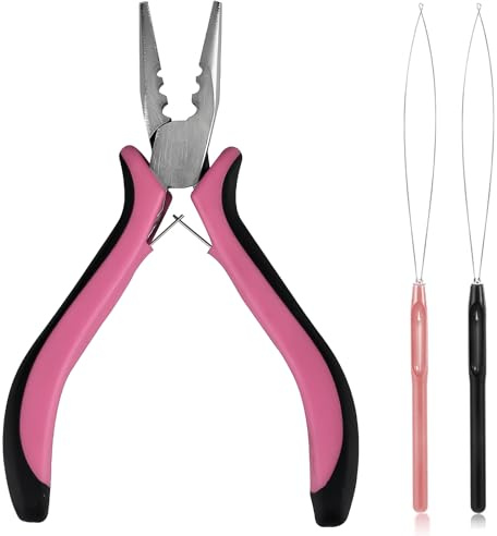 3 Pcs Professional Nano Hair Extension Tools,Hair Extension Pliers and Loop threaders for Micro Rings Nano Beads Tool(Black)