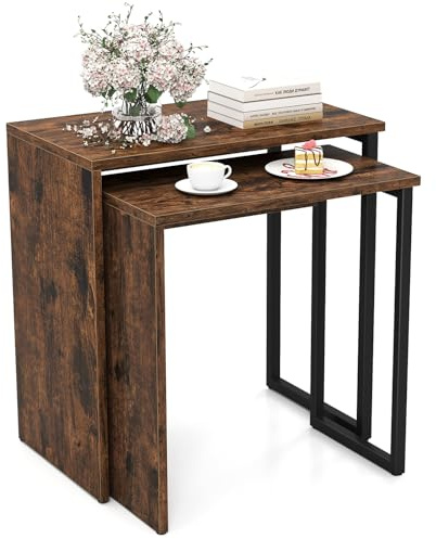 COSTWAY Nesting Coffee Tables Set of 2, Industrial Stackable Nightstand End Sofa Side Table, Metal Frame Wooden Accent Snack Tea Center Table for Small Space, Living Room, Bedroom, Rustic Brown+Black