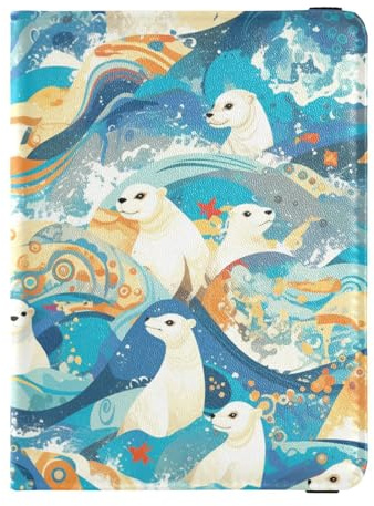 White Seal Japanese Style Waves Leather Passport Holder Case Wallet Passport Holder Waterproof