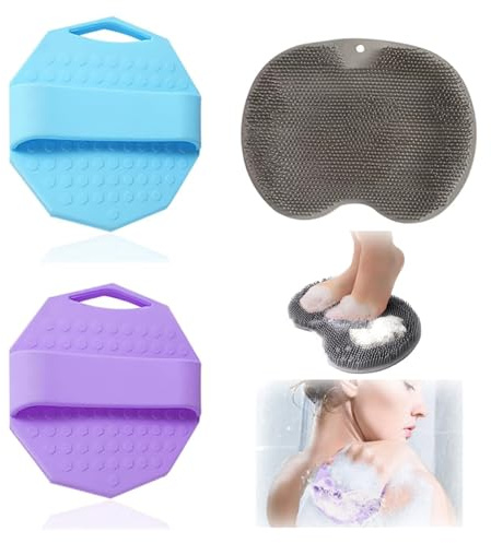 Silicone Body Scrubber 3-Piece Set, Silicone Loofah for Deep Cleansing and Exfoliation, Hexagonal Shower Scrubber with Foot Pad, Blue, Purple and Gray, Suitable for All Skin Types